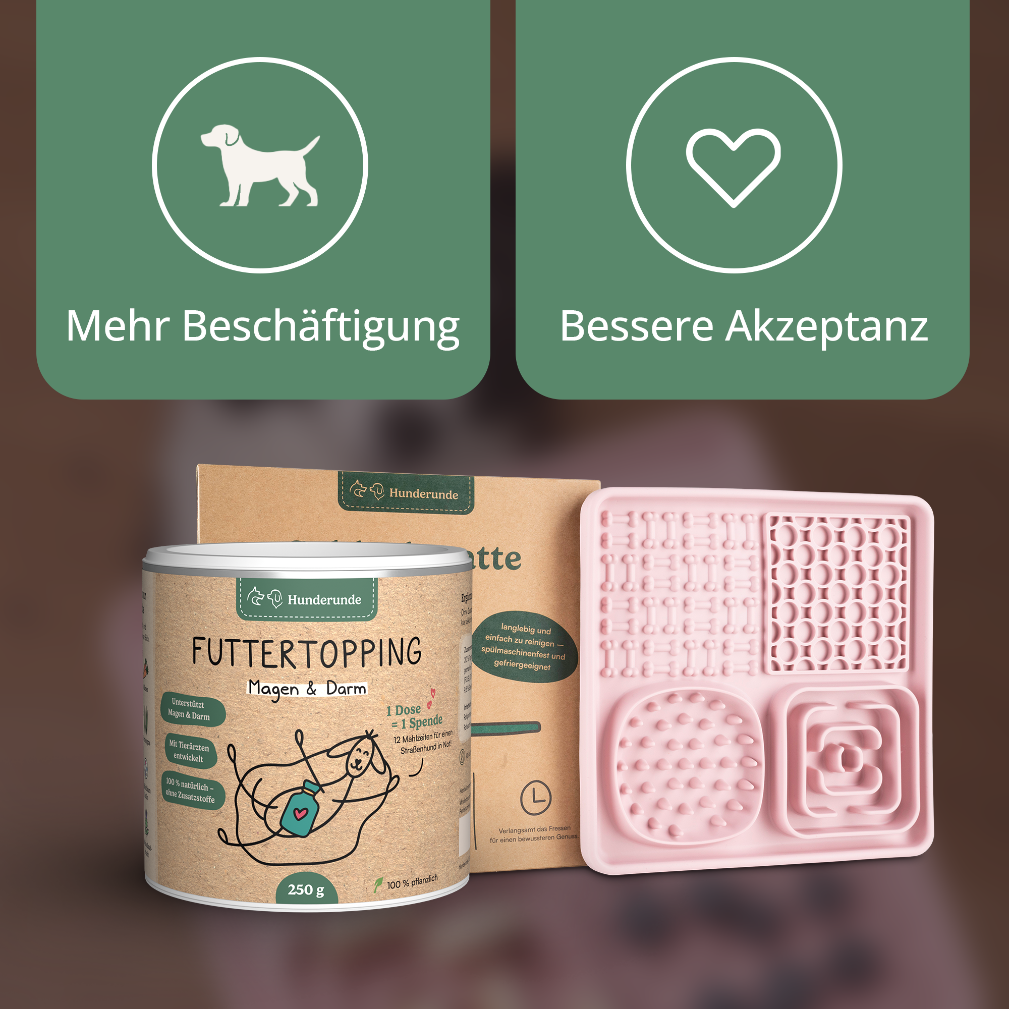 Das Futtertopping Magen & Darm und die pinke Licking Mat mit Icons fördern Beschäftigung, Akzeptanz und Verdauung – ideal für einen glücklichen Hundemagen und -darm.