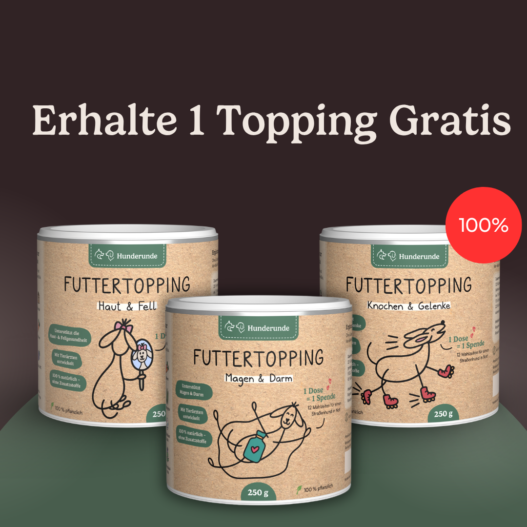 Buy the Topping Vorteilspaket: three cans of Hunderrunde Futtertopping pet supplements with a get 1 topping free offer.