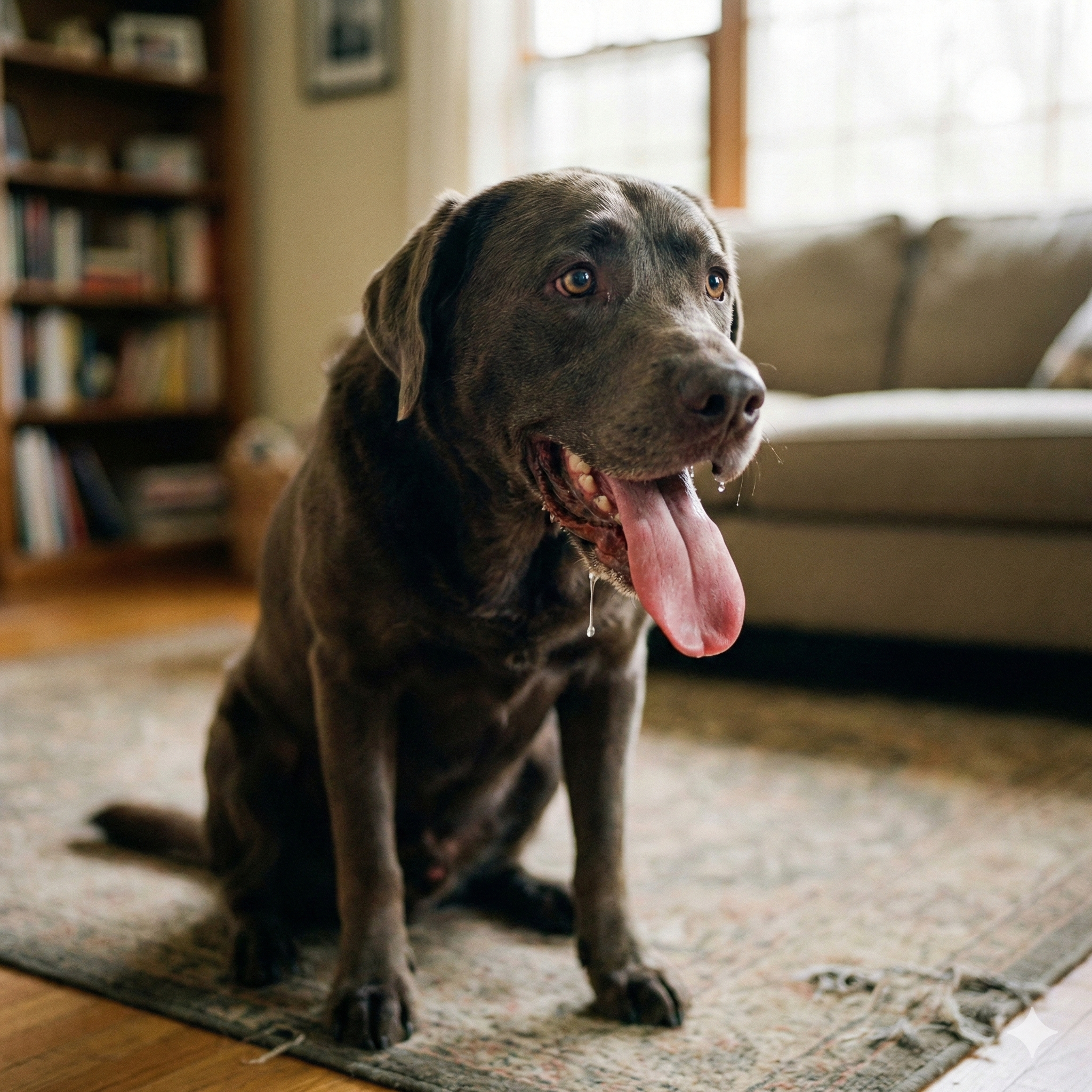 Ein Hund, der gerade hechelt und gestresst wirkt.