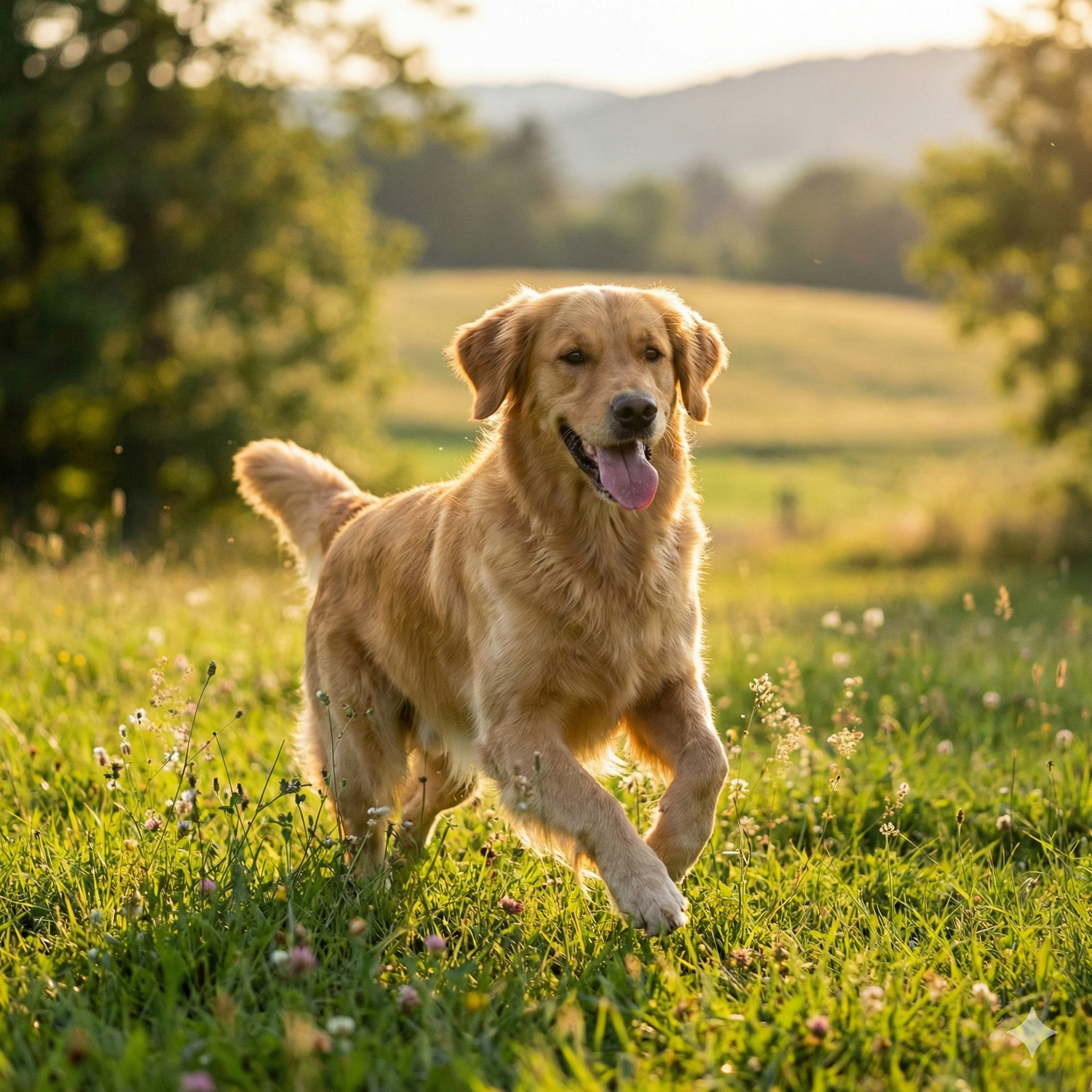 Ein glücklicher Hund spielt auf einer Wiese.