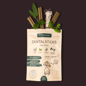 Eine beigefarbene Tüte mit der Aufschrift Dental Sticks Zahnfee von Hunderunde mit Hundegrafik enthält vegane Sticks und Kräuter - perfekt für gesunde Hundezähne und gegen schlechten Atem.