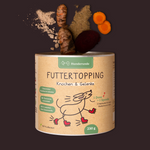 A canister of Futtertopping Knochen & Gelenke for dog joints, featuring an illustrated dog and key ingredients above to support your dog's mobility.