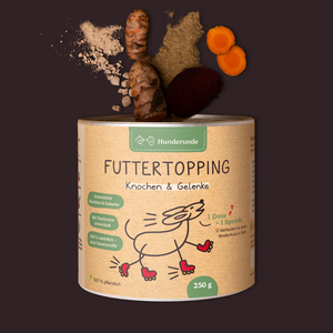 A canister of Futtertopping Knochen & Gelenke for dog joints, featuring an illustrated dog and key ingredients above to support your dog's mobility.