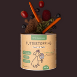 A container of Futtertopping Haut & Fell with fruits, vegetables, and powder arranged above it—ideal for supporting your dog's skin health and a shiny coat.