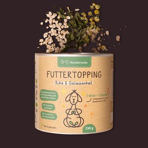 A canister labeled Futtertopping Ruhe & Gelassenheit features a dog illustration, with herbs and flowers scattered above it.