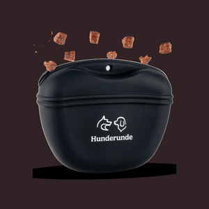 Der Hunderunde Leckerli Beutel ist ein schwarzer Leckerli-Beutel mit dem Markenlogo, aus dessen offenem Deckel Hundeleckerlis heraus- oder hineingeschüttet werden.