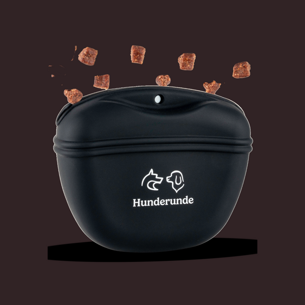 Der Hunderunde Leckerli Beutel ist ein schwarzer Leckerli-Beutel mit dem Markenlogo, aus dessen offenem Deckel Hundeleckerlis heraus- oder hineingeschüttet werden.