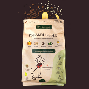 A bag of Knabberhappen Alleinfutter dog food featuring cartoon ingredients and a dog illustration on the front.