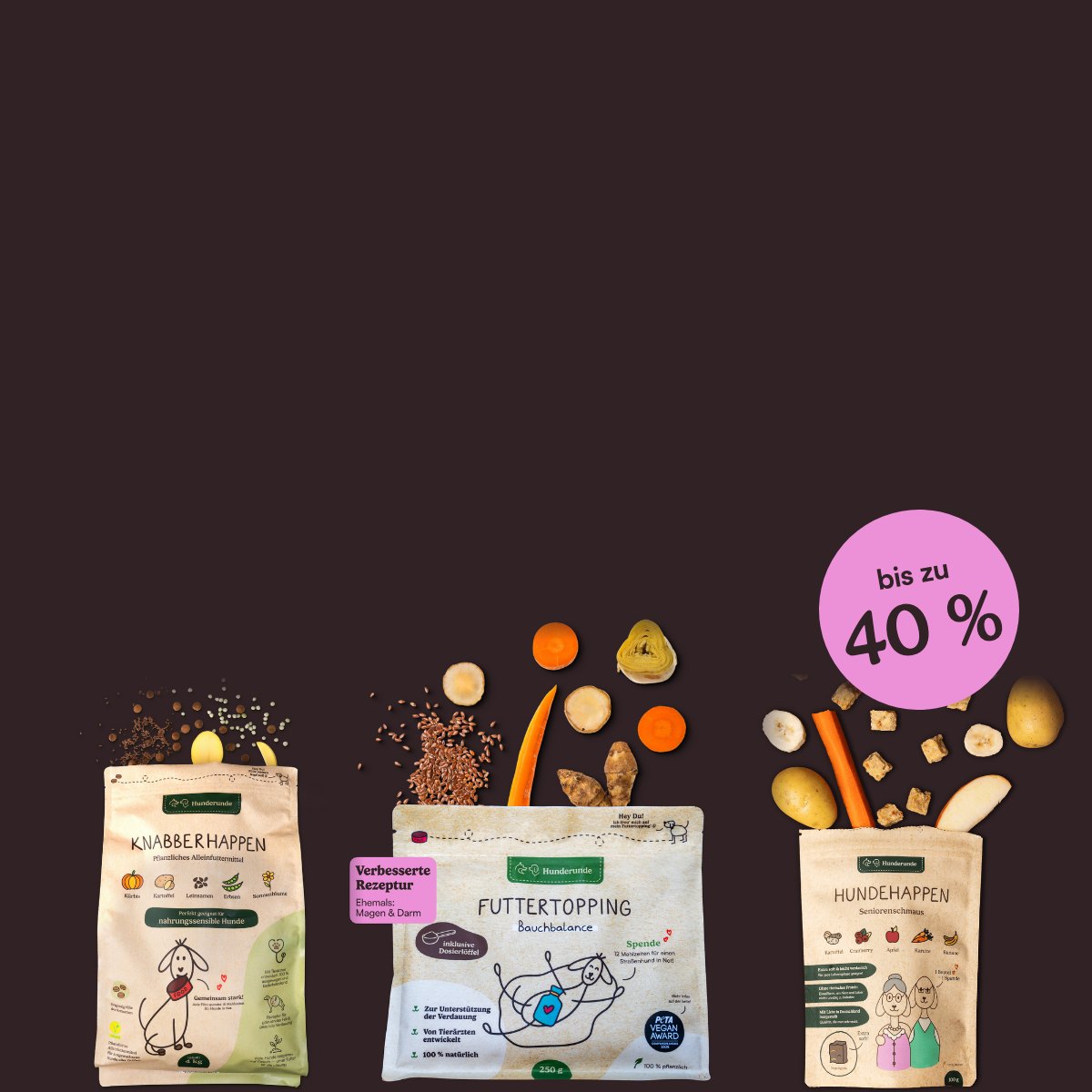 Hunderunde Black Week: bis zu 40 % Rabatt auf Knabberhappen, Bauchbalance und Seniorenschmaus