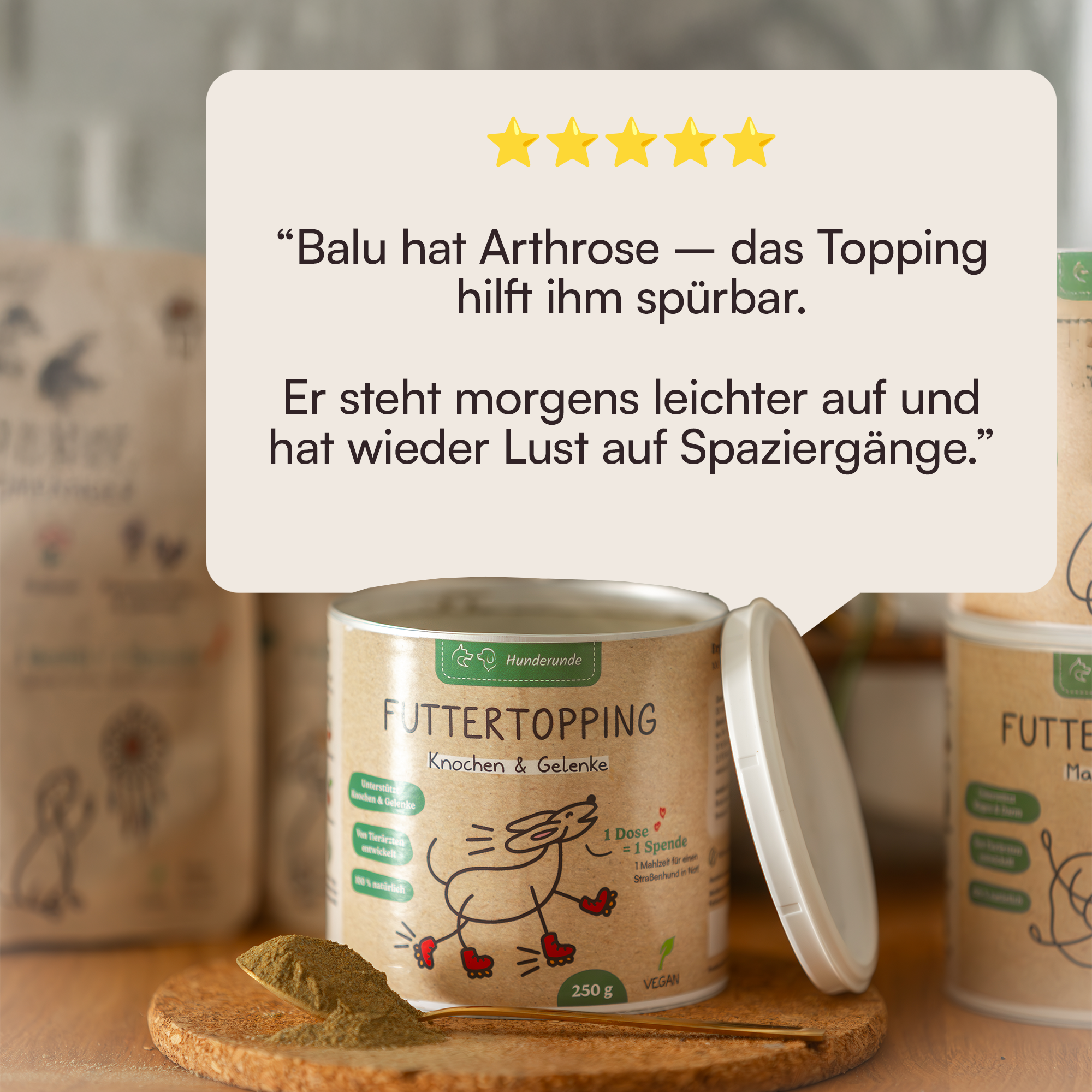 A review praises the Topping & Snack Bundle, a vegan dog joint supplement shown in a tan container with a cartoon dog label.