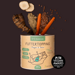 Eine Dose Futtertopping Magen & Darm mit Gemüse, Samen, und Pulver sowie PETA Vegan Award unterstützt die Verdauung Ihres Hundes und fördert ein gesundes Gleichgewicht im Magen-Darm-Trakt.