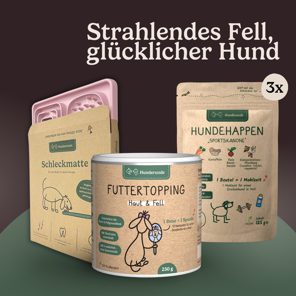Dog food products with illustrated packaging, including Haut & Fell-Pflegeset, Futtertopping, Hundehappen, and a Schleckmatte mat.